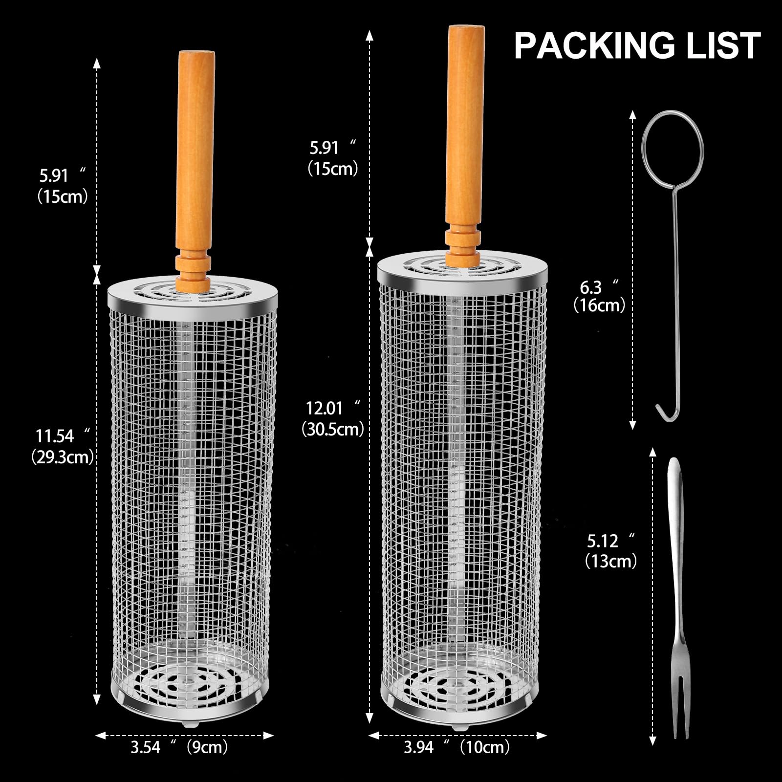 2PCS Nesting Grill Baskets with Removable Wooden Handles(11.8" x 3.9"), 304 Stainless Steel Rolling Barbecue Grill Mesh for Vegetables and Shrimp, BBQ Accessory Gifts for Men, BBQ Net Tube