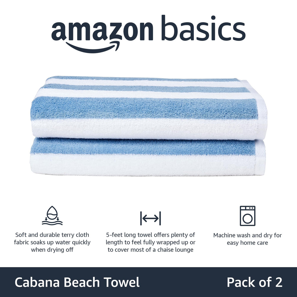 Amazon Basics Sky Blue Cabana Stripe Pool & Beach Towel, 100% Cotton, Soft & Absorbent, Machine Washable, Quick Dry, Large, 2 Pack, Sky Blue, 30" x 60"