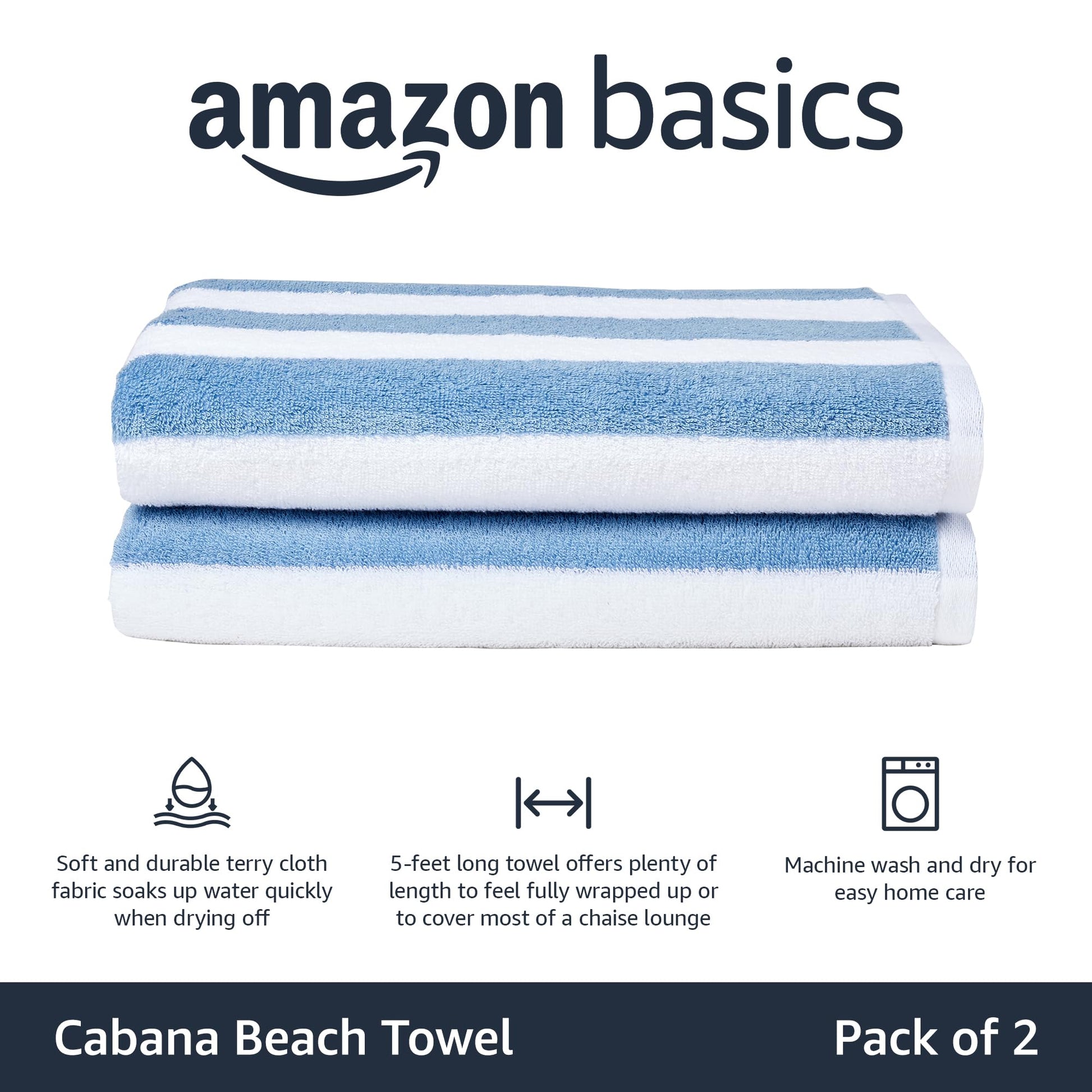 Amazon Basics Sky Blue Cabana Stripe Pool & Beach Towel, 100% Cotton, Soft & Absorbent, Machine Washable, Quick Dry, Large, 2 Pack, Sky Blue, 30" x 60"
