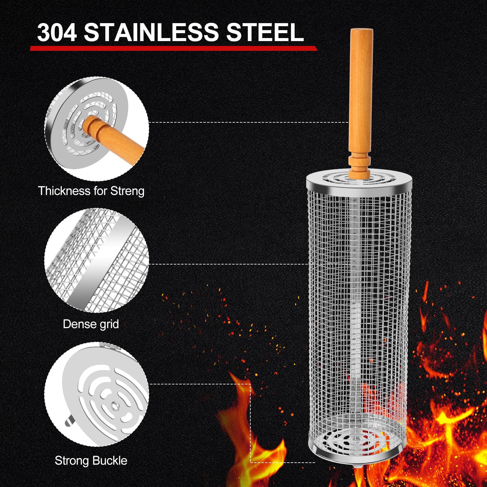 2PCS Nesting Grill Baskets with Removable Wooden Handles(11.8" x 3.9"), 304 Stainless Steel Rolling Barbecue Grill Mesh for Vegetables and Shrimp, BBQ Accessory Gifts for Men, BBQ Net Tube