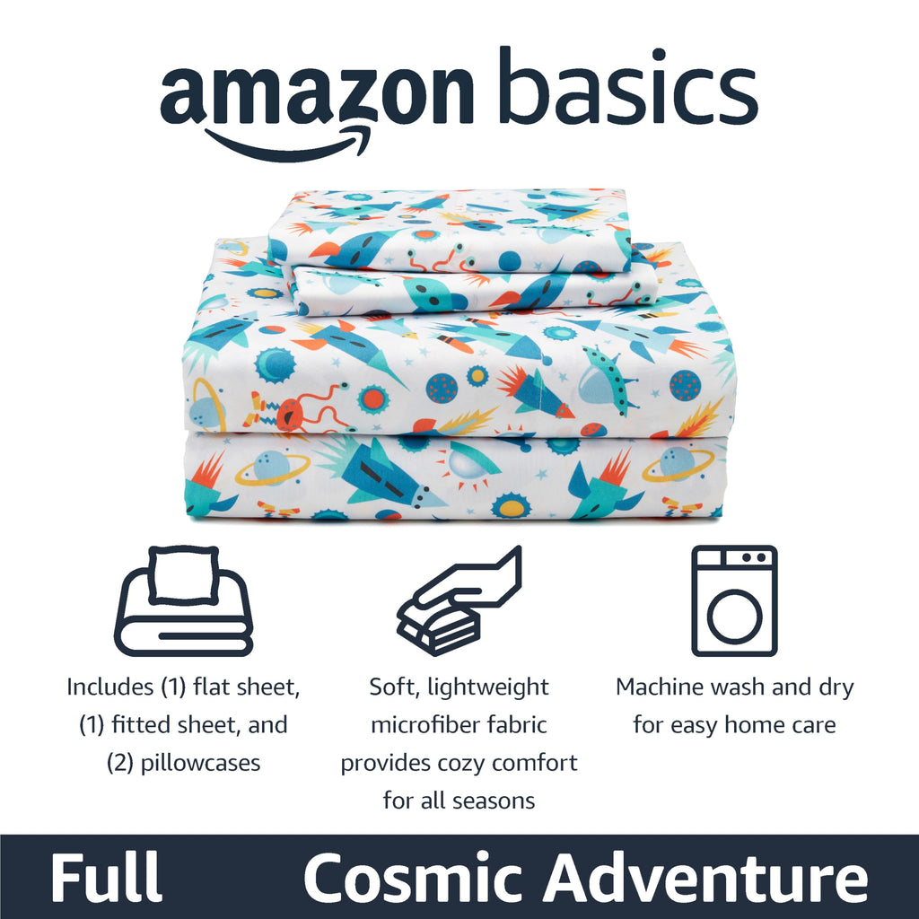 Amazon Basics Microfiber Kids' Sheet Set with Pillowcase, 4 Piece, Full, Cosmic Adventure