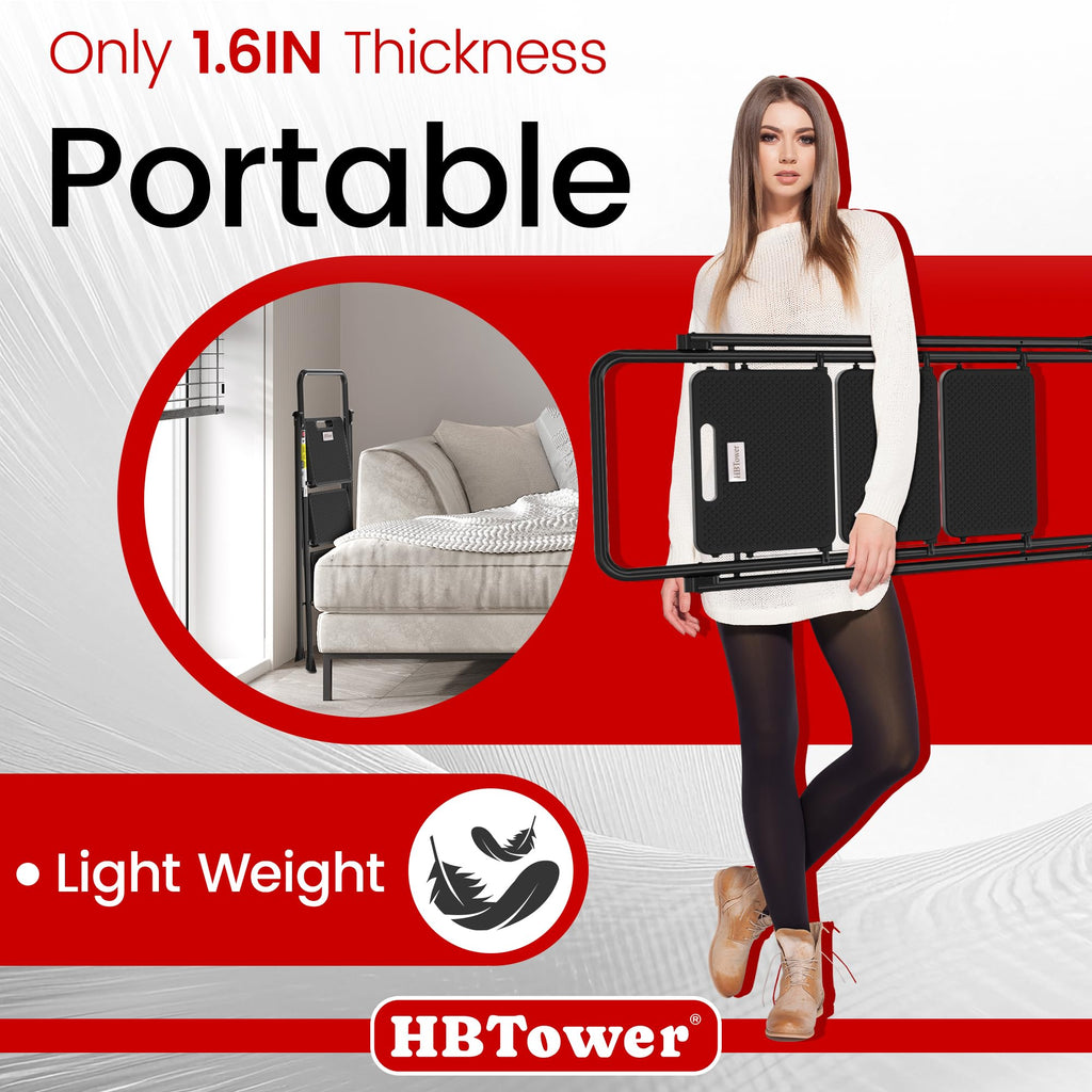 HBTower Step Ladder, Folding Step Stool with Wide Anti-Slip Pedal, Sturdy Steel Ladder, Convenient Handrail, Lightweight, Portable Steel Step Stool