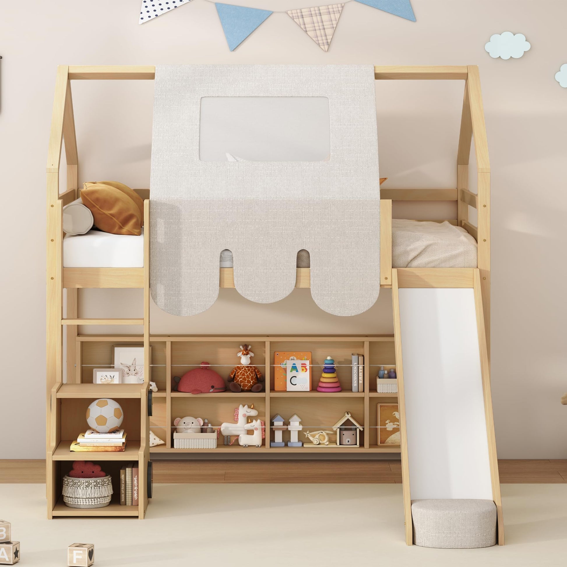 LZ LEISURE ZONE Twin Size Loft Bed with Slide, Wooden Twin House-Shaped Frame with Ladder, Shelves and a Tent, Natural