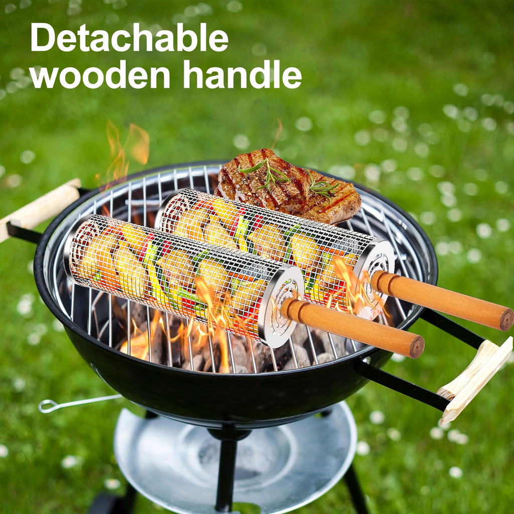 2PCS Nesting Grill Baskets with Removable Wooden Handles(11.8" x 3.9"), 304 Stainless Steel Rolling Barbecue Grill Mesh for Vegetables and Shrimp, BBQ Accessory Gifts for Men, BBQ Net Tube