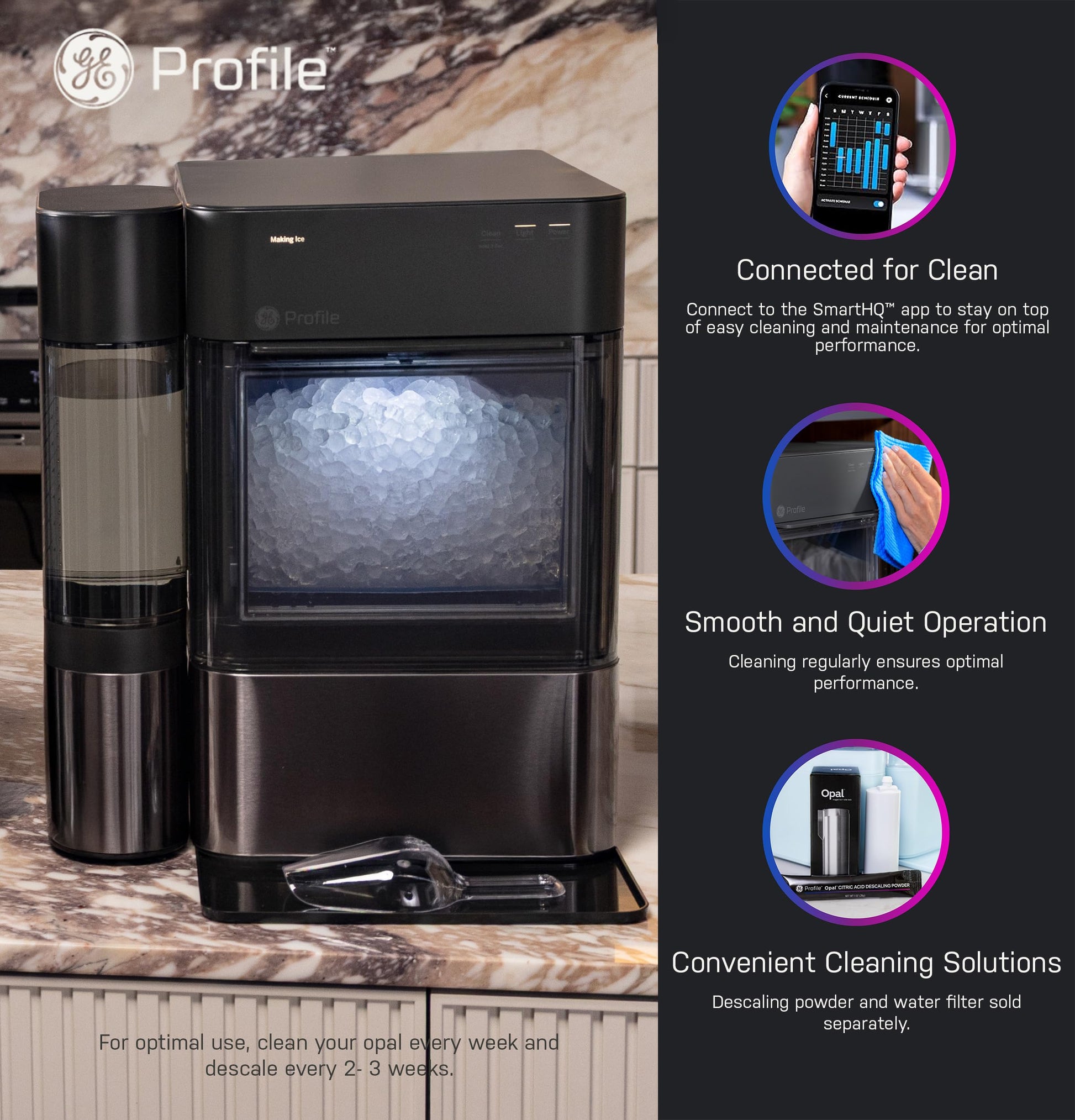 GE Profile Opal 2.0 XL with 1 Gallon Tank, Chewable Crunchable Countertop Nugget Ice Maker, Scoop Included, 38 lbs in 24 Hours, Pellet Ice Machine with WiFi & Smart Connected, Black Stainless