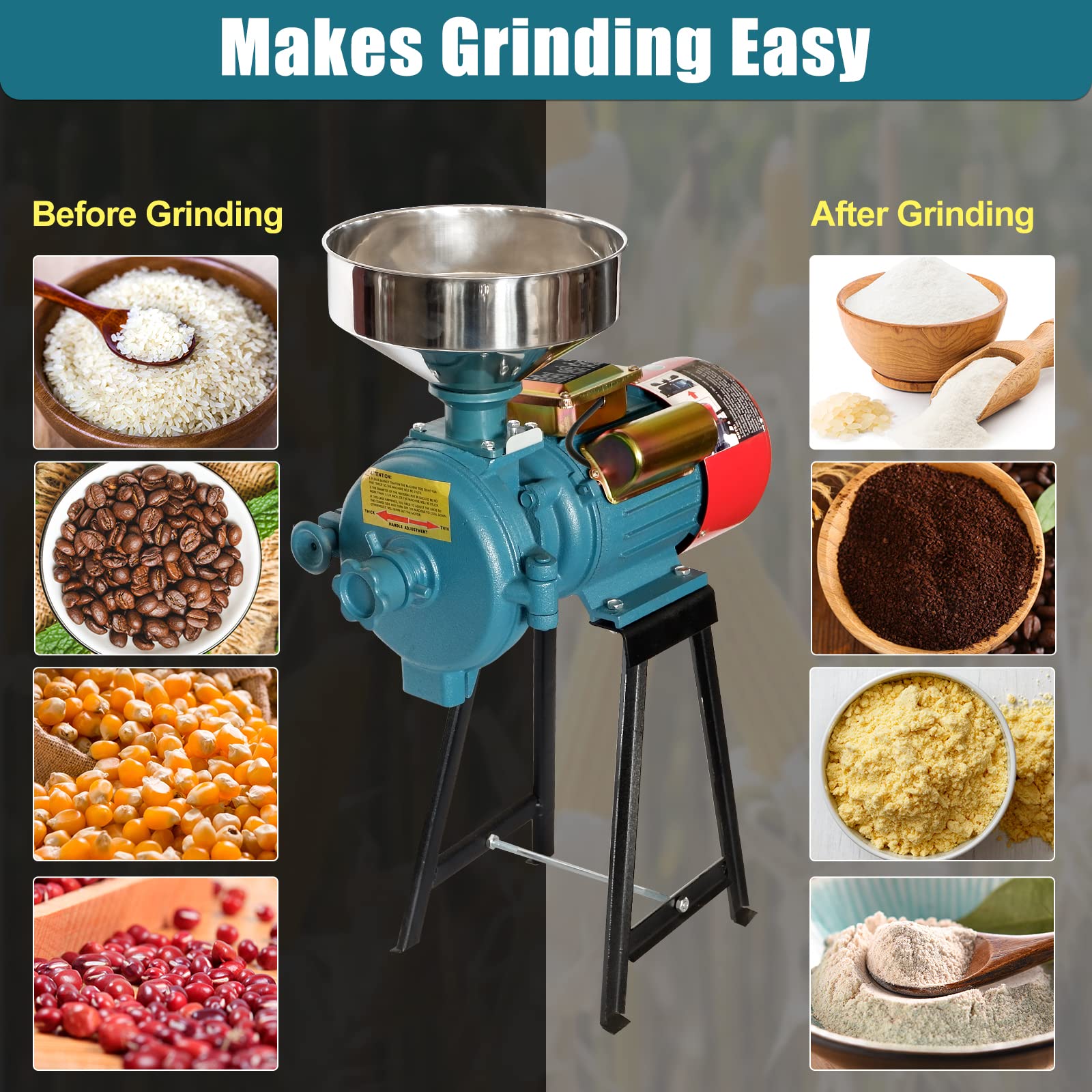 SLSY Electric Mill Grinder 110V 3000W, Commercial Feed Mill Dry Grinder, Heavy Duty Milling Machine for Cereals, Rice, Corn, Grain, Coffee, Wheat With Funnel