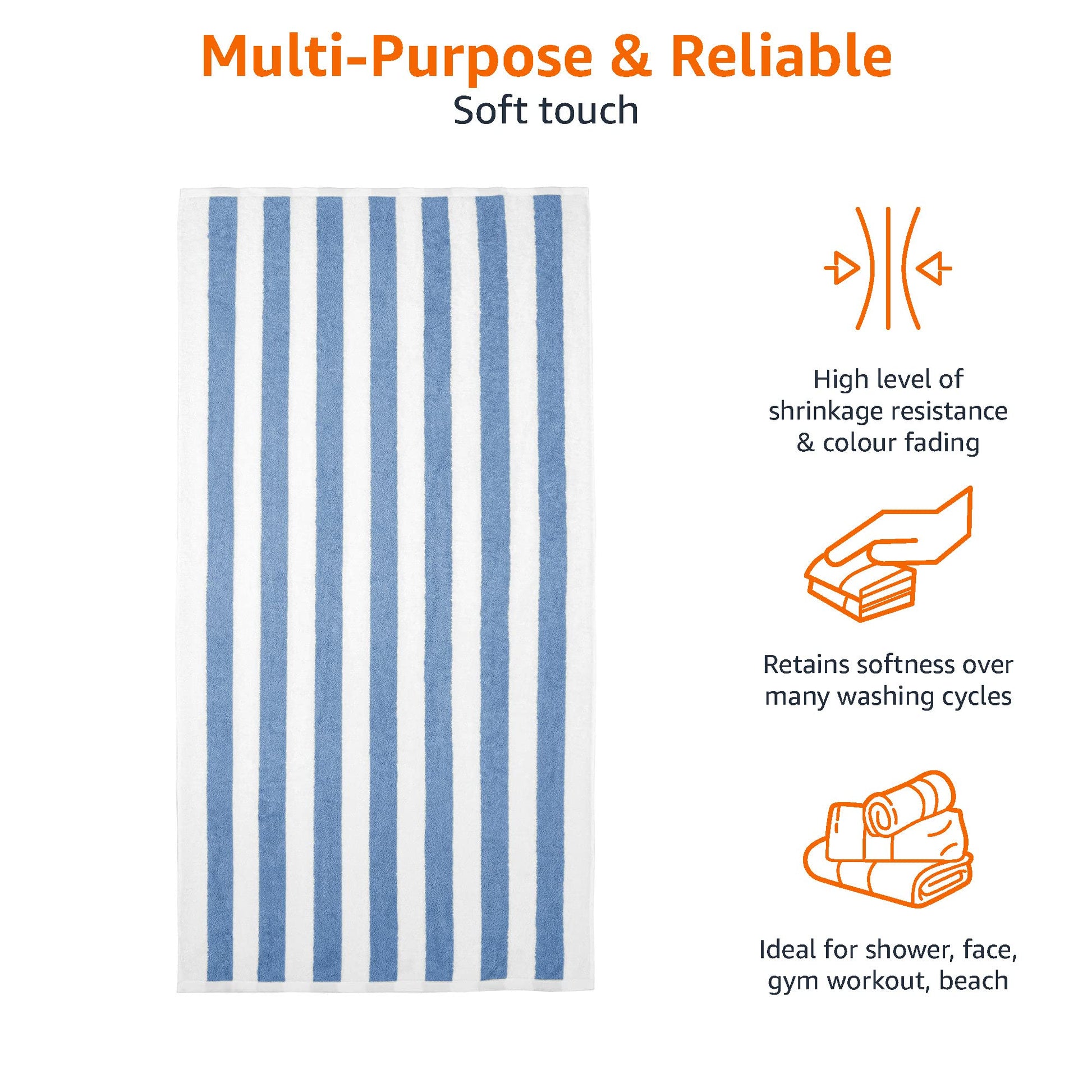 Amazon Basics Sky Blue Cabana Stripe Pool & Beach Towel, 100% Cotton, Soft & Absorbent, Machine Washable, Quick Dry, Large, 2 Pack, Sky Blue, 30" x 60"