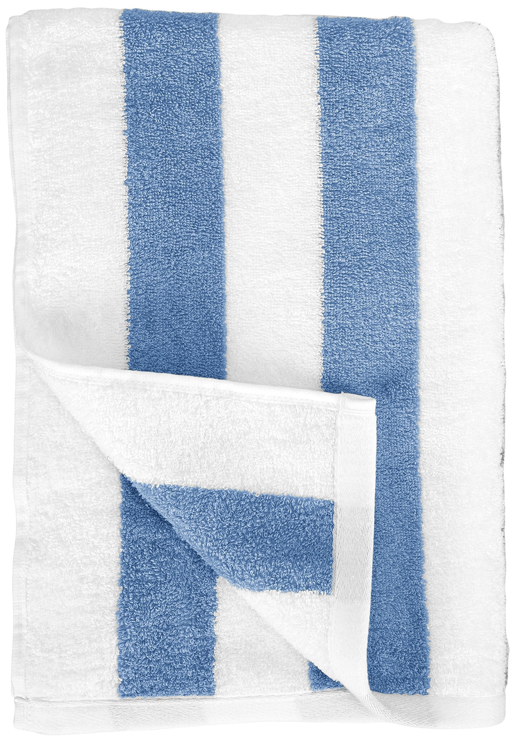 Amazon Basics Sky Blue Cabana Stripe Pool & Beach Towel, 100% Cotton, Soft & Absorbent, Machine Washable, Quick Dry, Large, 2 Pack, Sky Blue, 30" x 60"